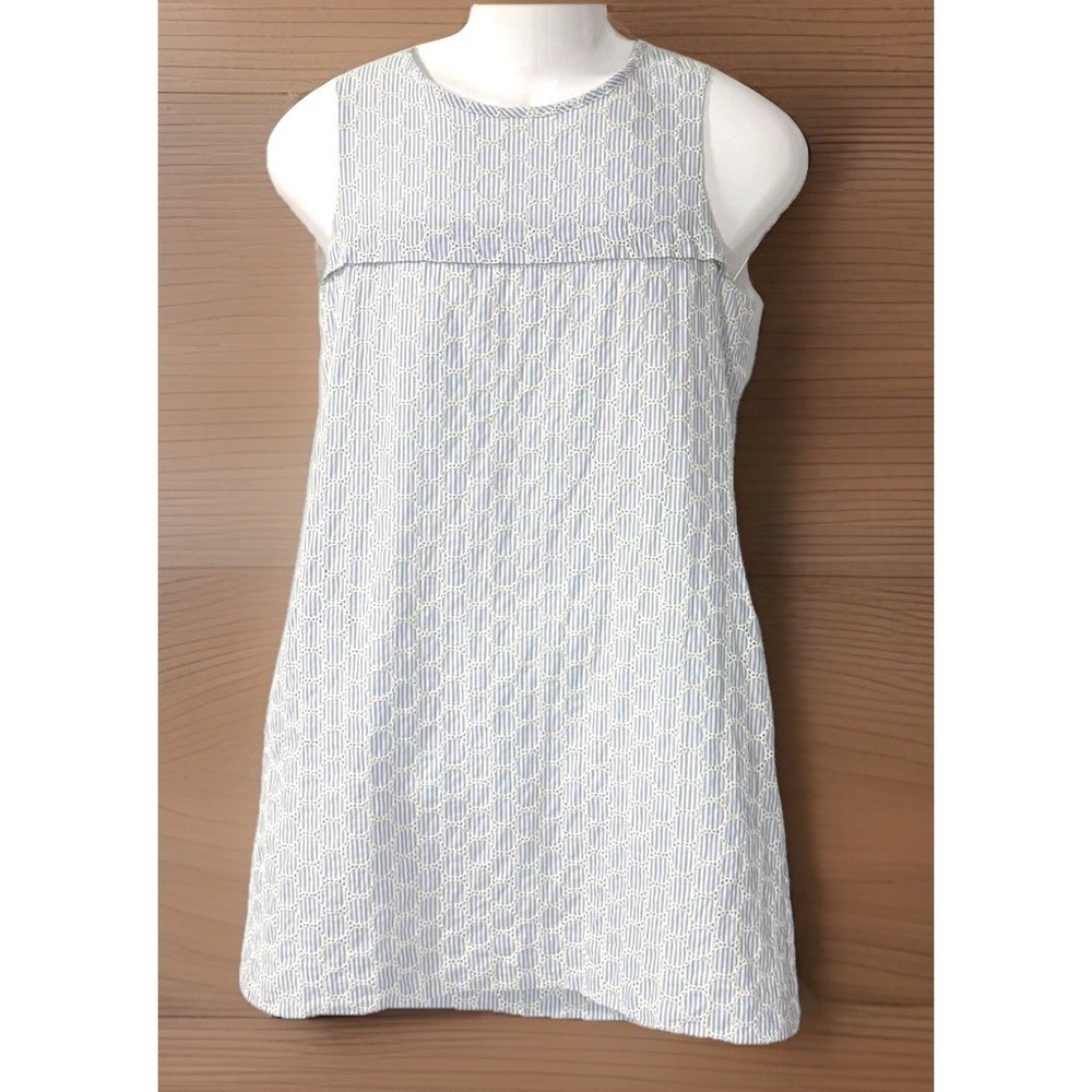 J. Crew Dress Womens 10 Blue White Seersucker Eyelet Shift Lined Side Pocket